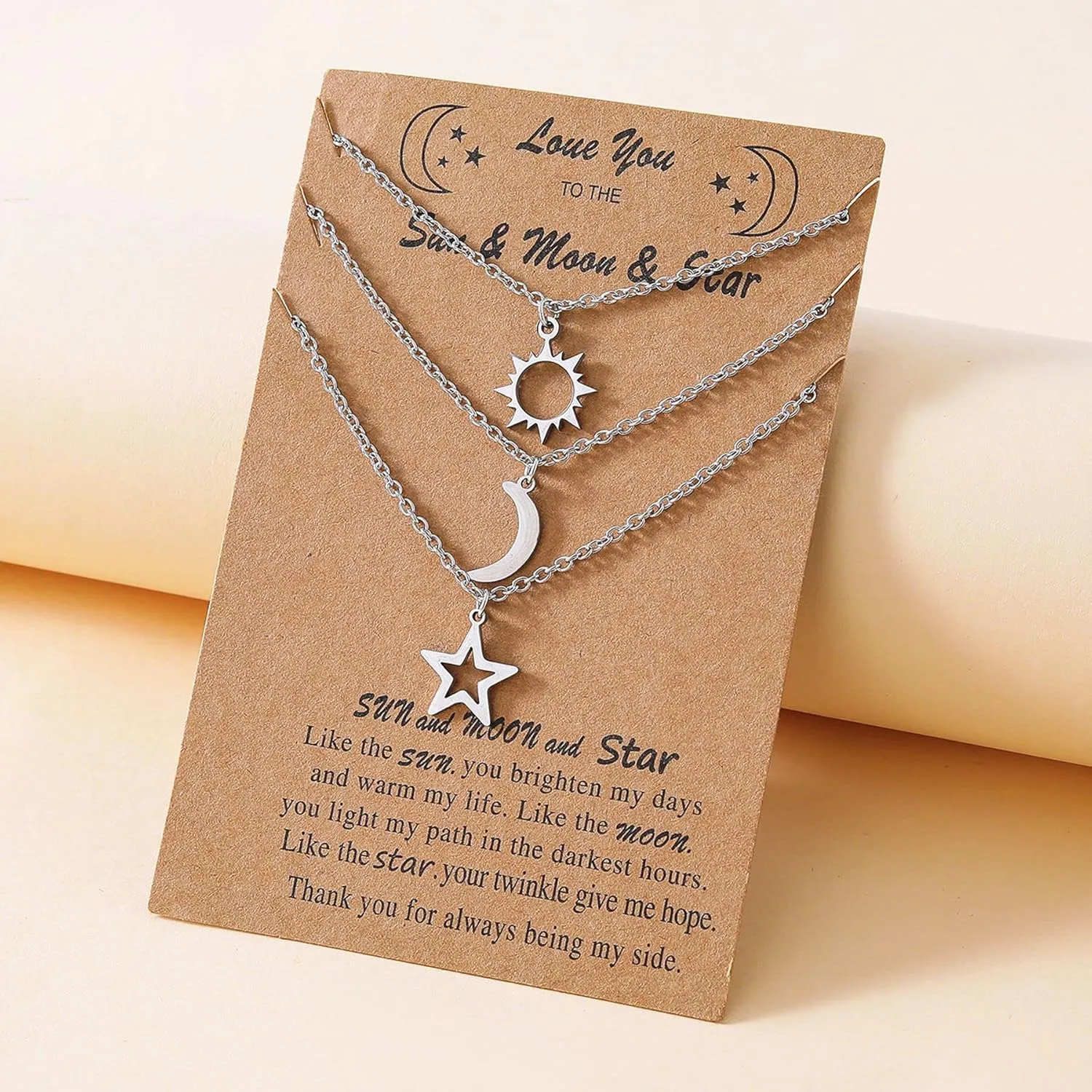 COLORFUL BLING Stainless Steel Sun and Moon Star Necklace 3 Best Friend Friendship Sister Set for Women Mom Daughter BFF Jewelry Gifts