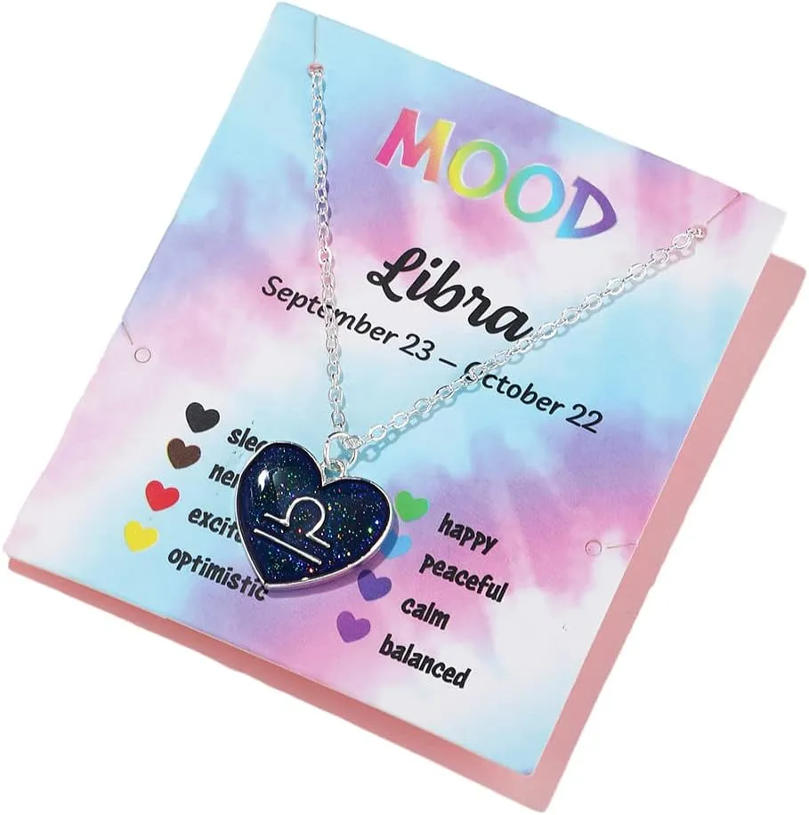 COLORFUL BLING Zodiac Necklace for Women 12 Constellation Sign Pendant Necklace Heart Color Changing Necklace Temperature Sensing Mood Necklace Astrology Horoscope Necklace