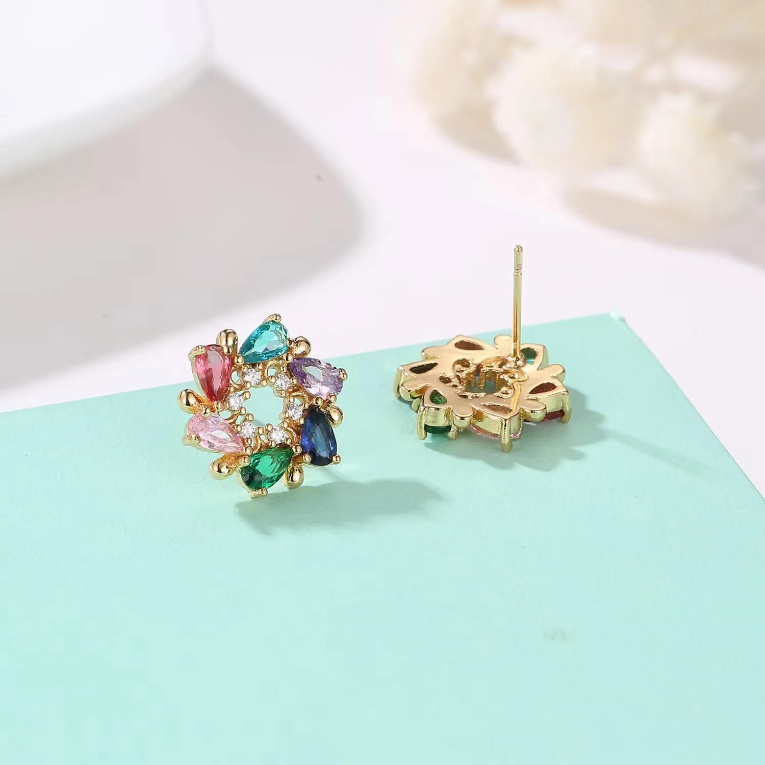 Colorful Flower Earrings 18K Gold Plated Cubic Zirconia Huggie Stud Earrings for Women Cubic Zircon Earrings CZ Jewelry Gifts for Her