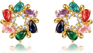 Colorful Flower Earrings 18K Gold Plated Cubic Zirconia Huggie Stud Earrings for Women Cubic Zircon Earrings CZ Jewelry Gifts for Her