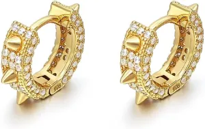 Cool Punk Style Iced Cz 14K Yellow Gold Plated 925 Sterling Silver Small Trendy Spike Thorn Hoop Earrings for Men Women Nickel Free Hypoallergenic Huggie Hoops Earrings