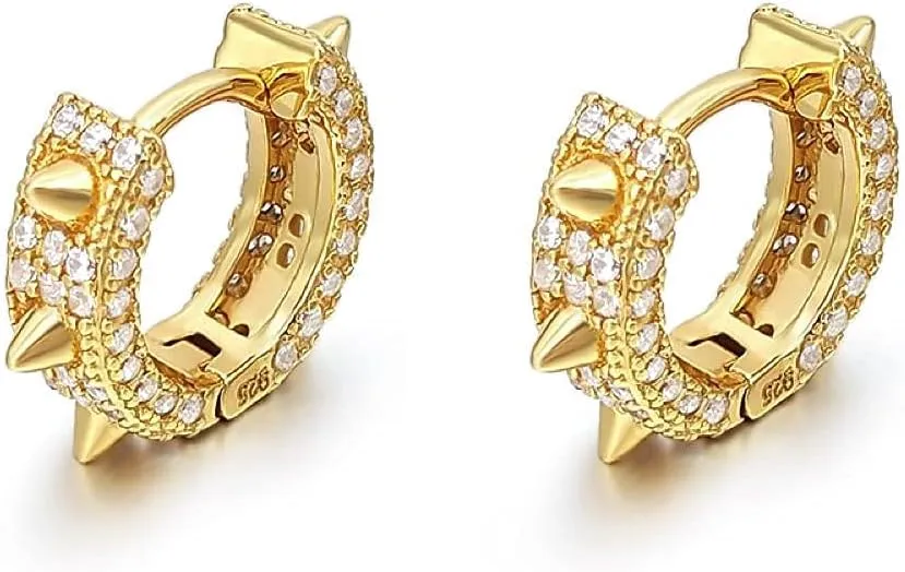 Cool Punk Style Iced Cz 14K Yellow Gold Plated 925 Sterling Silver Small Trendy Spike Thorn Hoop Earrings for Men Women Nickel Free Hypoallergenic Huggie Hoops Earrings
