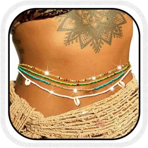 Cosydays African Waist Bead Chain Elastic Body Chains Colorful Belly Beads Seashell Beaded Chain Summer Bikini Jewelry for Women(Pack of 4)