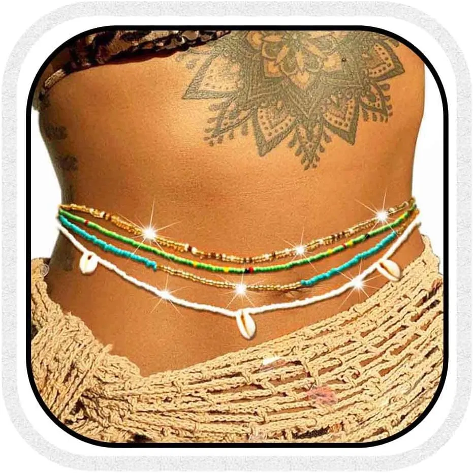 Cosydays African Waist Bead Chain Elastic Body Chains Colorful Belly Beads Seashell Beaded Chain Summer Bikini Jewelry for Women(Pack of 4)