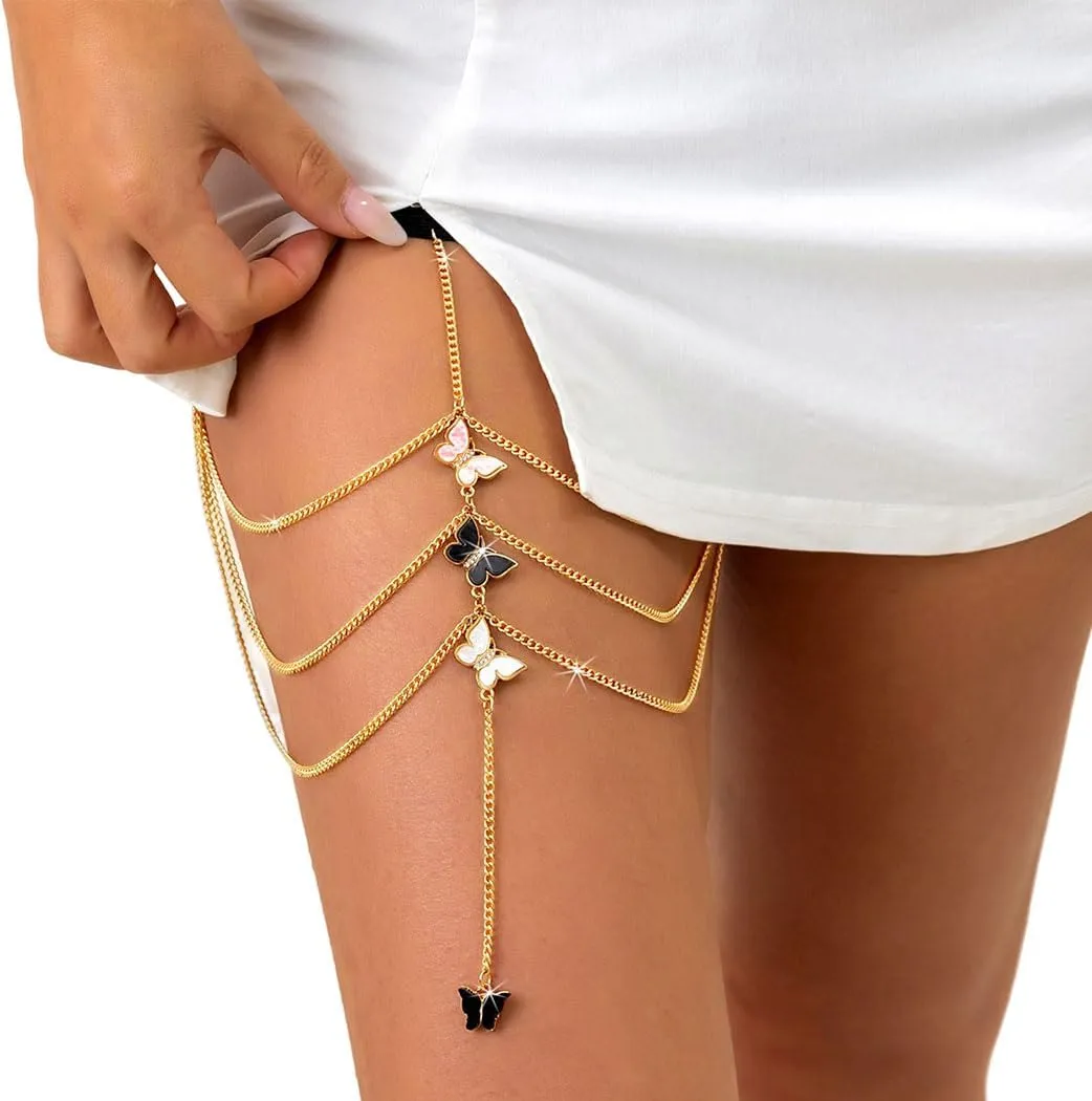 Cosydays Butterfly Leg Chain Gold Rhinestone Thigh Chains Layered Leg Body Chain Colorful Party Nightclub Body Chain Jewelry Accessories for Women and Girls