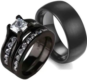 Couple Rings Black Gold Filled Princess cut Cz Womens Wedding Ring Sets Titanium Men's Ring Wedding Band