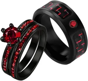 Couple Rings Black Gold Plated Round Red Cz Womens Wedding Ring Sets 8mm Titanium Mens Wedding Band (Please Buy 2 Rings for 1pair)
