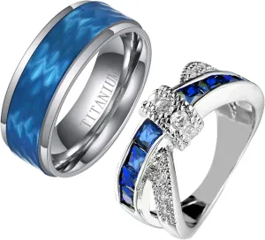 Couple Rings Princess cut Blue Cz Womens Wedding Ring Sets Titanium Steel Man Wedding BandsPlease Buy 2 Rings for 1 Pair