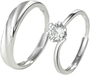 Couple Wedding Rings Set, Customizable Engagement Rings Adjustable 925 Sterling Silver Solitaire Ring with Cubic Zirconia