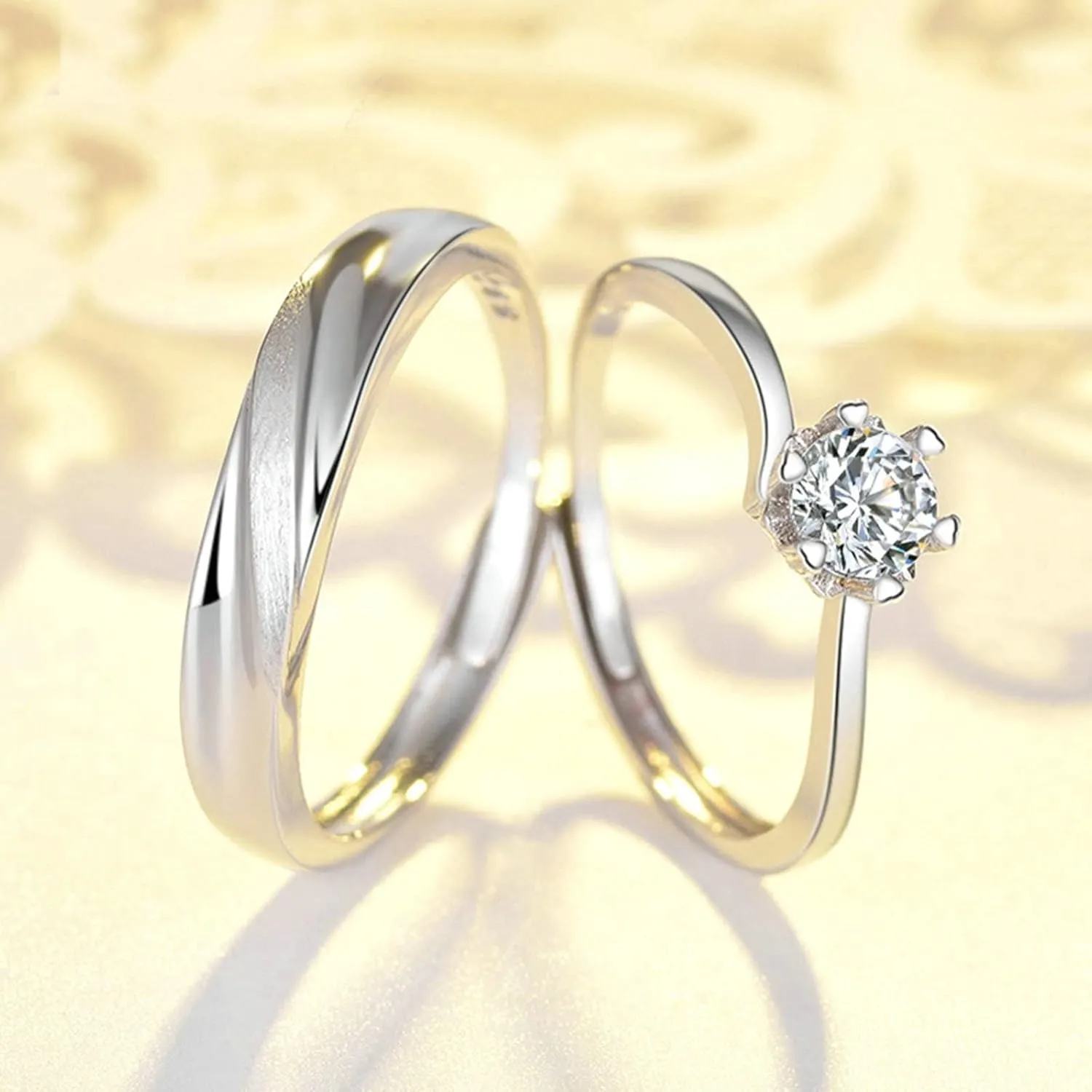 Couple Wedding Rings Set, Customizable Engagement Rings Adjustable 925 Sterling Silver Solitaire Ring with Cubic Zirconia