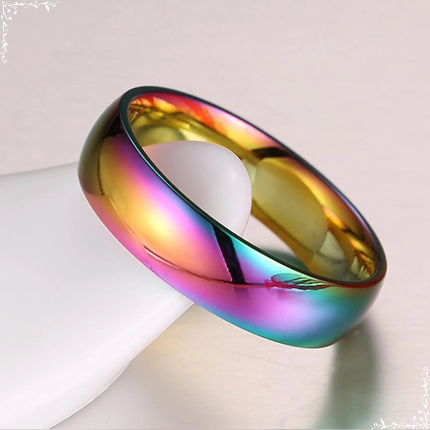 Couples Rings, Polished Rainbow Lgbt Unique Mens Rings, Stainless Steel Matching Bands for Wife Husband