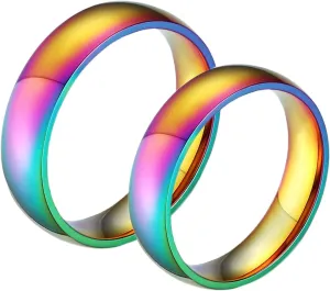Couples Rings, Polished Rainbow Lgbt Unique Mens Rings, Stainless Steel Matching Bands for Wife Husband