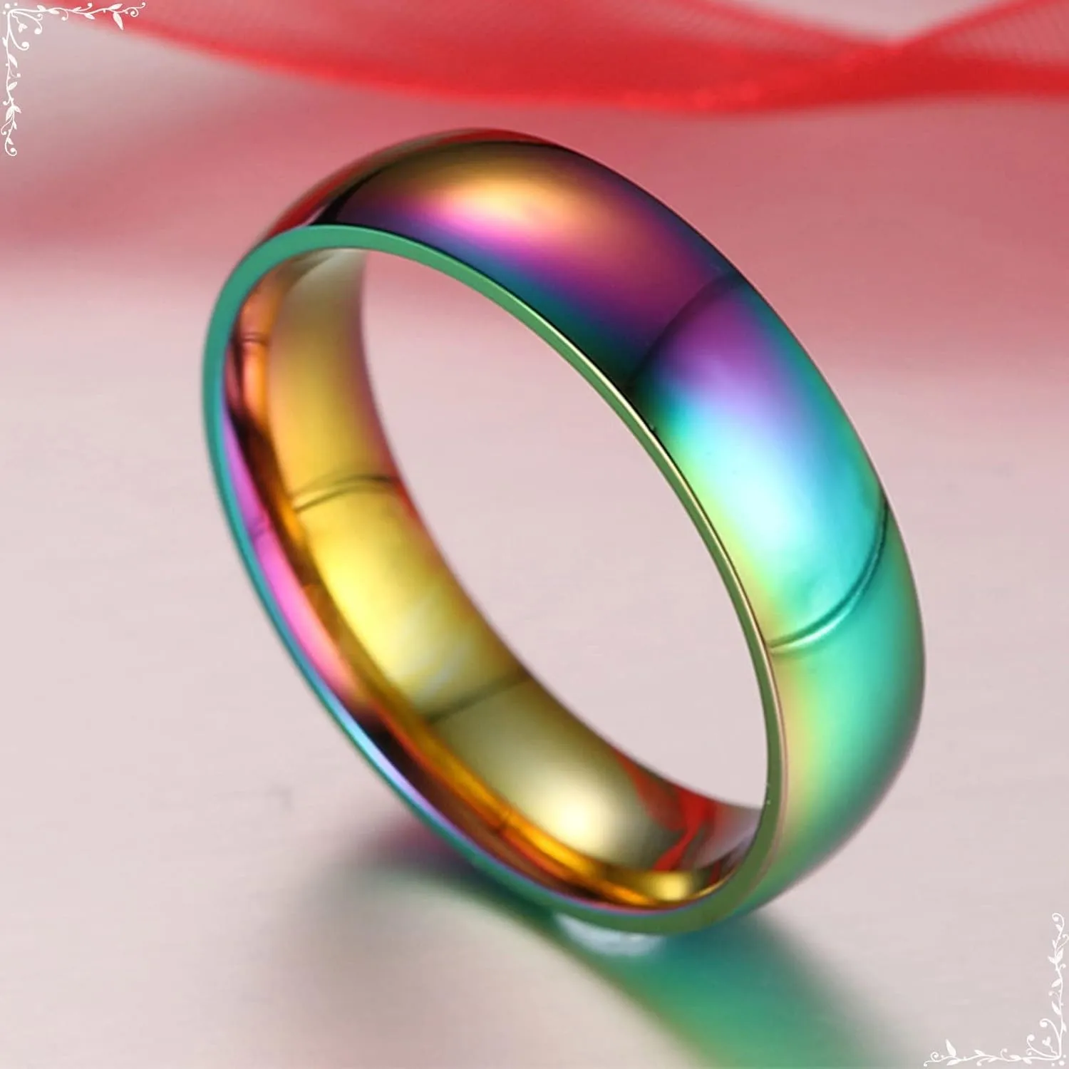 Couples Rings, Polished Rainbow Lgbt Unique Mens Rings, Stainless Steel Matching Bands for Wife Husband