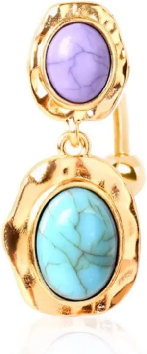 Covet Jewelry Gold Plated Double Brooch Top Down Navel Ring with Faux Turquoise Stones