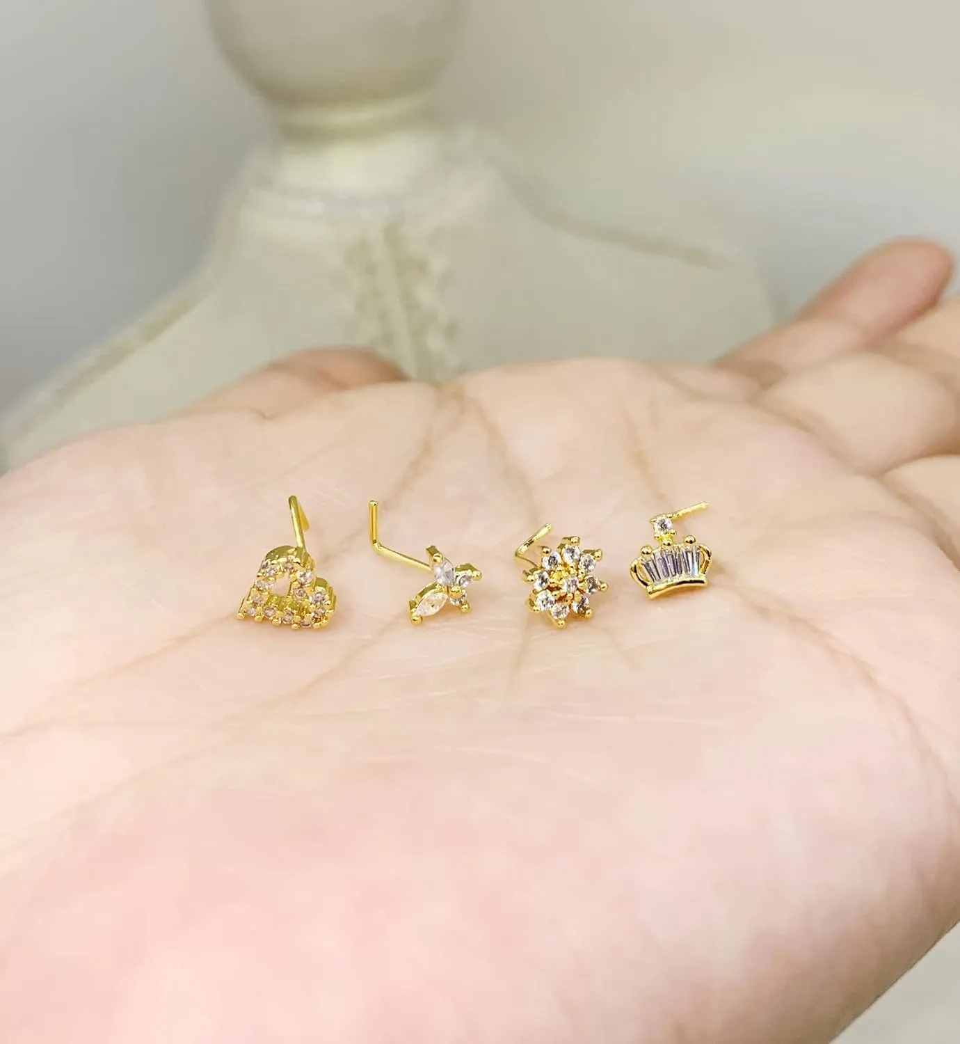 Crescent Moon Heart Butterfly CZ Cubic Zirconia Nose Studs L Shaped 20g Nose Rings for Women Girls Nose Piercing Jewelry Surgical Steel 18K Gold Plated Hypoallergenic Piercing Jewelry Trendy Unique Dainty Gifts
