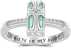 Cross Cremation Ring for Ashes - 925 Sterling Silver Opal Urn Keepsake Rings Memorial Jewelry for Women