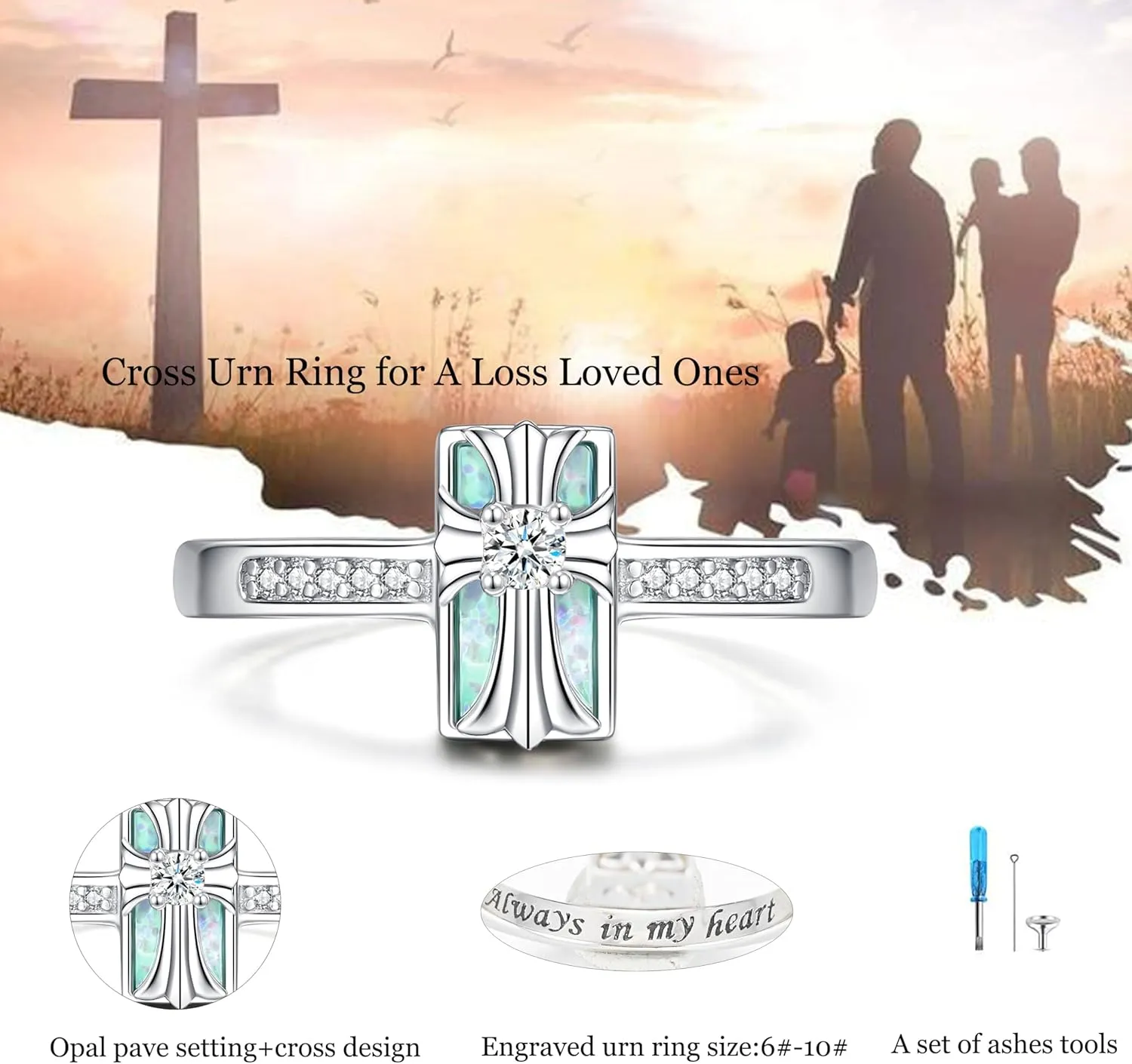 Cross Cremation Ring for Ashes - 925 Sterling Silver Opal Urn Keepsake Rings Memorial Jewelry for Women