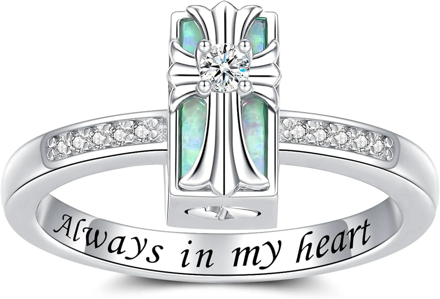 Cross Cremation Ring for Ashes - 925 Sterling Silver Opal Urn Keepsake Rings Memorial Jewelry for Women