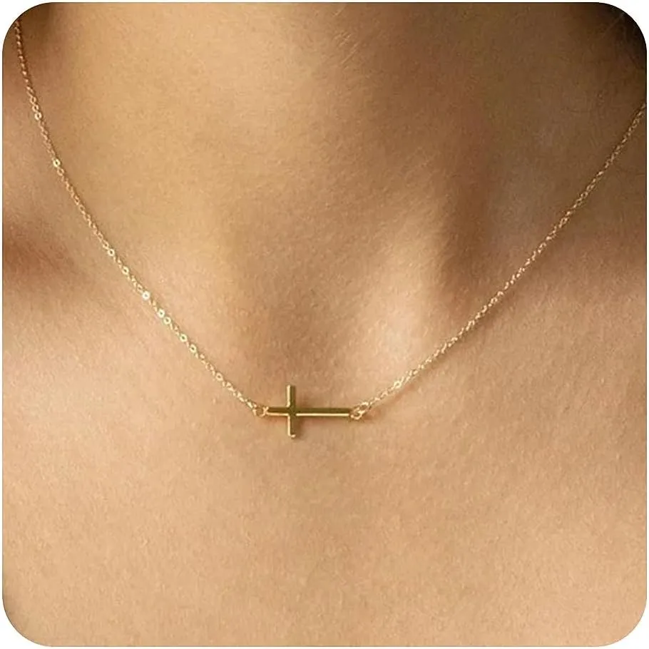 Cross Necklace for Women, 14K Gold Plated Cross Necklace Stainless Steel Minimalist Dainty Gold Cross Pendant Simple Religious Belief Necklaces for Women Gold Jewelry for Women