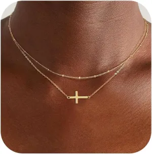 Cross Necklace for Women, 14K Gold Plated Layered Dainty Small Pendant Choker Cross Necklace, Trendy Simple Cute Charm Chain Cross Necklaces for Women Faith Jewelry Religious Minimalist Mother's Day Gift