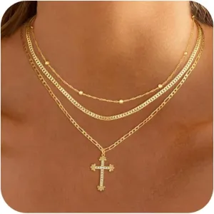 Cross Necklace for Women, 14K Gold Plated Stackable Layered Necklaces Herringbone Snake Cuban Figaro Rope Satellite Chain Necklace Cross Pendant CZ Diamond Simple Jewelry Gift