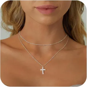 Cross Necklace for Women, 14K Gold Plated/Sterling Silver Chain Necklace Dainty Layered Gold Cross Pendant Necklace Simple Cute Necklaces for Women Gold Jewelry for Women