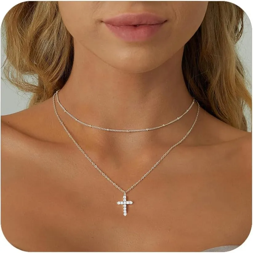 Cross Necklace for Women, 14K Gold Plated/Sterling Silver Chain Necklace Dainty Layered Gold Cross Pendant Necklace Simple Cute Necklaces for Women Gold Jewelry for Women
