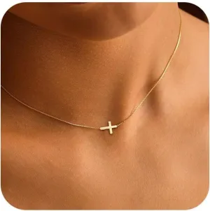 Cross Necklace for Women 18K Gold Plated Dainty Small Cross Choker Necklace Simple Trendy Sideways Cross Charm Necklaces Faith Jewelry Religious Minimalist Gift for Her