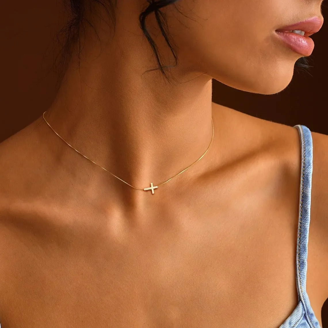 Cross Necklace for Women 18K Gold Plated Dainty Small Cross Choker Necklace Simple Trendy Sideways Cross Charm Necklaces Faith Jewelry Religious Minimalist Gift for Her