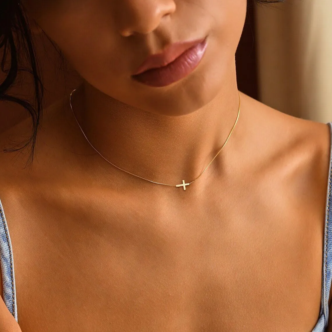 Cross Necklace for Women 18K Gold Plated Dainty Small Cross Choker Necklace Simple Trendy Sideways Cross Charm Necklaces Faith Jewelry Religious Minimalist Gift for Her