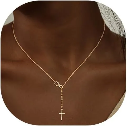 Cross Necklace for Women, Dainty 14K Gold Plated Pendant Necklace, Trendy CZ Pearl Cross Charm Necklace Non Tarnish Cubic Zirconiaia Simple Vintage Necklace Jewelry for Women