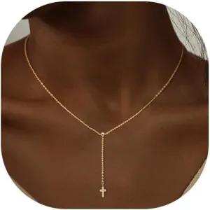 Cross Necklace for Women, Dainty 14K Gold Plated Pendant Necklace, Trendy CZ Pearl Cross Charm Necklace Non Tarnish Cubic Zirconiaia Simple Vintage Necklace Jewelry for Women