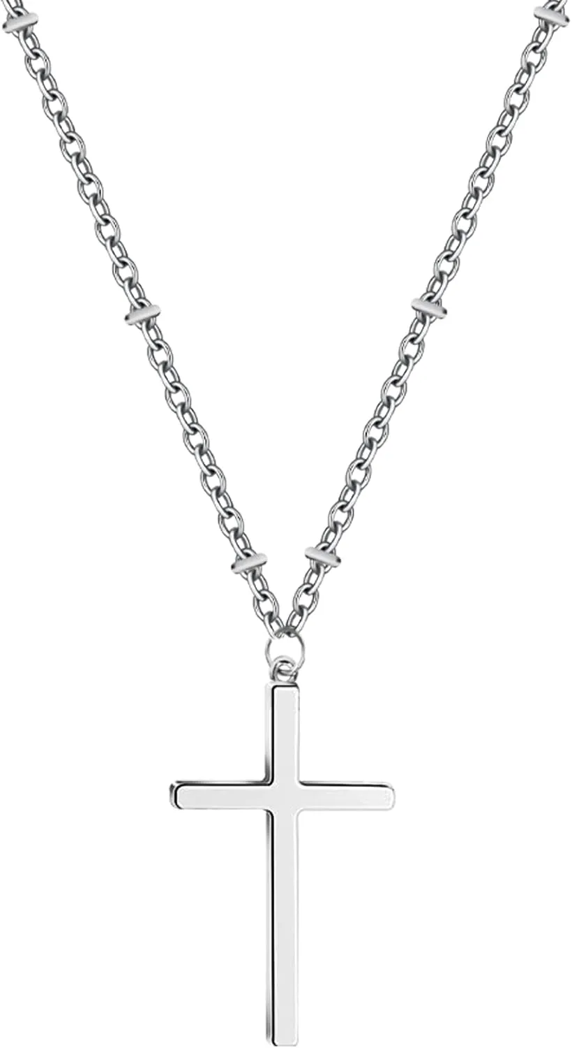 Cross Necklace for Women Men, Silver Stainless Steel Cross Pendant Necklace Simple Jewelry Gifts