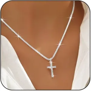 Cross Necklace for Women Silver Dainty Rhinestone Cute Simple Jewelry Gift