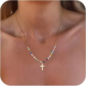 Cross Necklace for Women,14K Gold Plated Summer Beaded Pendant Necklace Boho Cross Charm Necklaces for Women Trendy Cute Jewelry Gifts