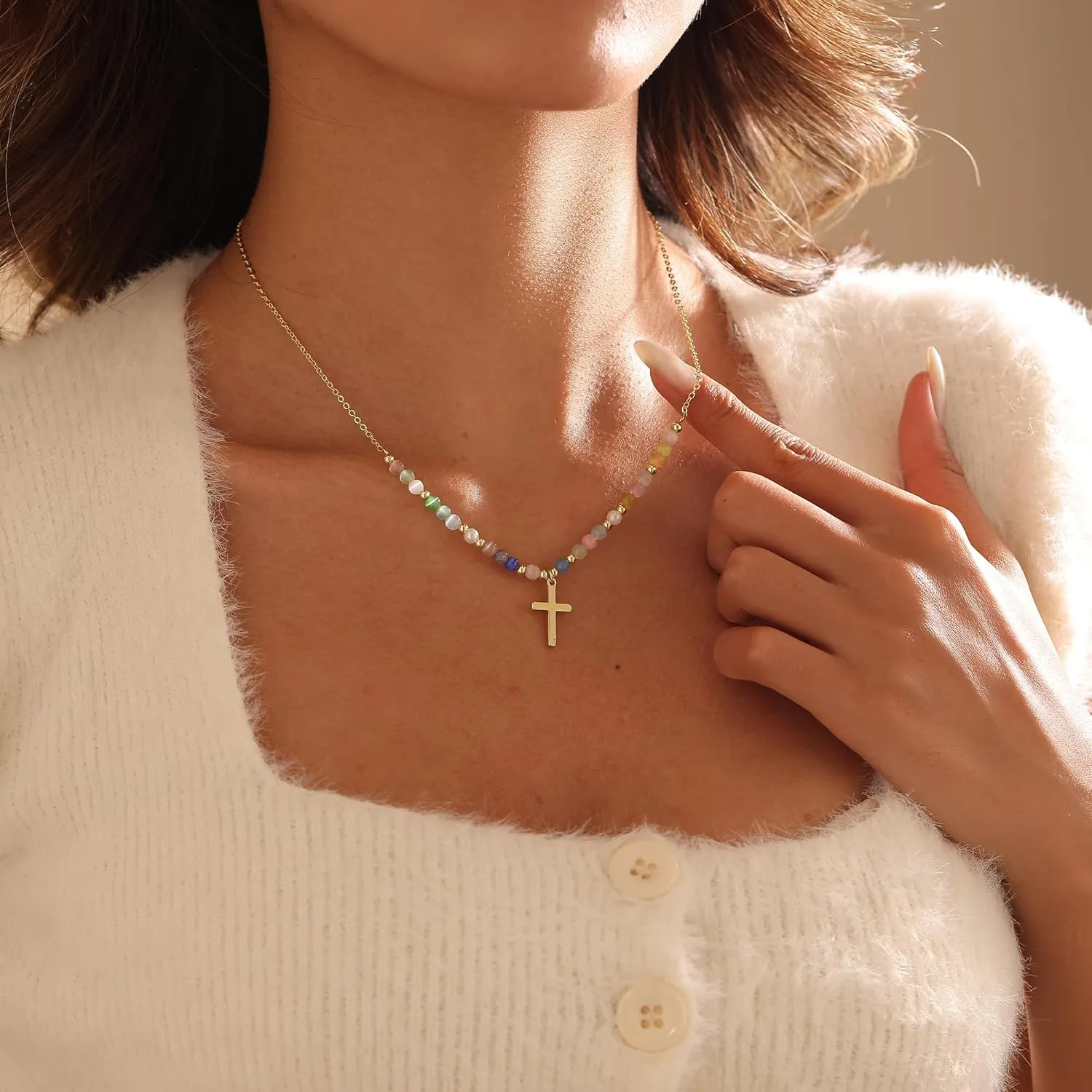 Cross Necklace for Women,14K Gold Plated Summer Beaded Pendant Necklace Boho Cross Charm Necklaces for Women Trendy Cute Jewelry Gifts