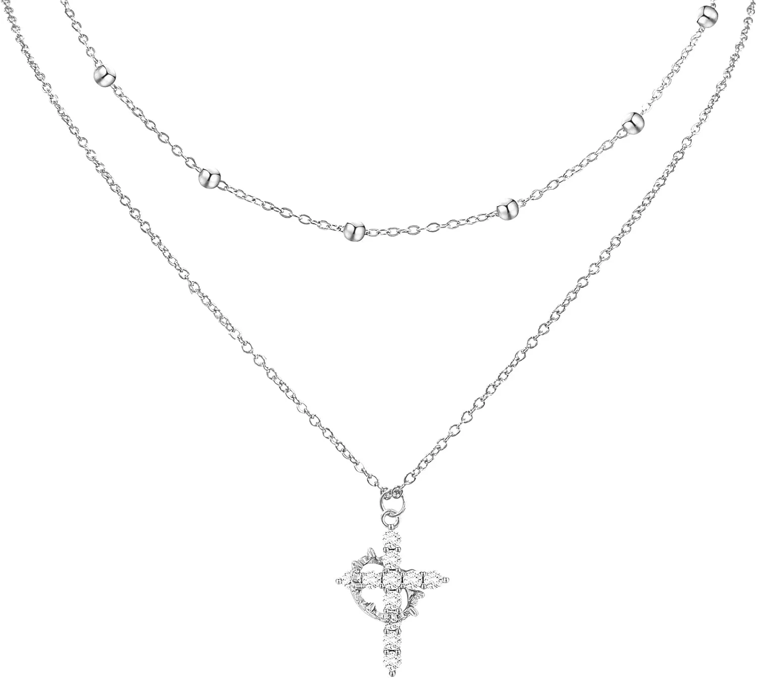 Crown Cross Necklace for Women 14K Silver/Silver Plated Cubic Zirconia Diamond Pendant Necklaces Cute Fashion Simple Jewelry Gifts (Silver 1)