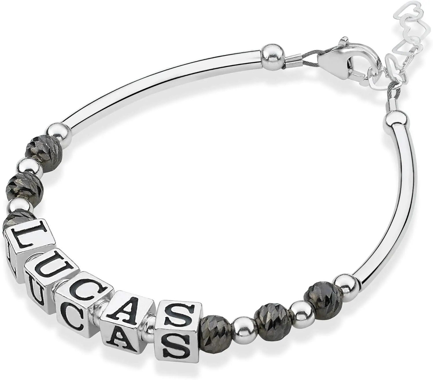 Crystal Dream Silver Boy Name Banglet Bracelet - with Sterling Silver Name boxes and Grey Beads - Perfect for Birthday Gifts, Baby Shower, Baby Keepsake Gifts (BN27)