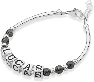 Crystal Dream Silver Boy Name Banglet Bracelet - with Sterling Silver Name boxes and Grey Beads - Perfect for Birthday Gifts, Baby Shower, Baby Keepsake Gifts (BN27)