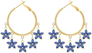 Crystal Flower Hoop Earrings for Women Sweet Fresh Handmade Boho 14K Gold Elegant Romantic Bohemian Five Rhinestone Floral Petal Dangle Drop Statement Earrings Bridal Wedding Birthday Jewelry Gifts