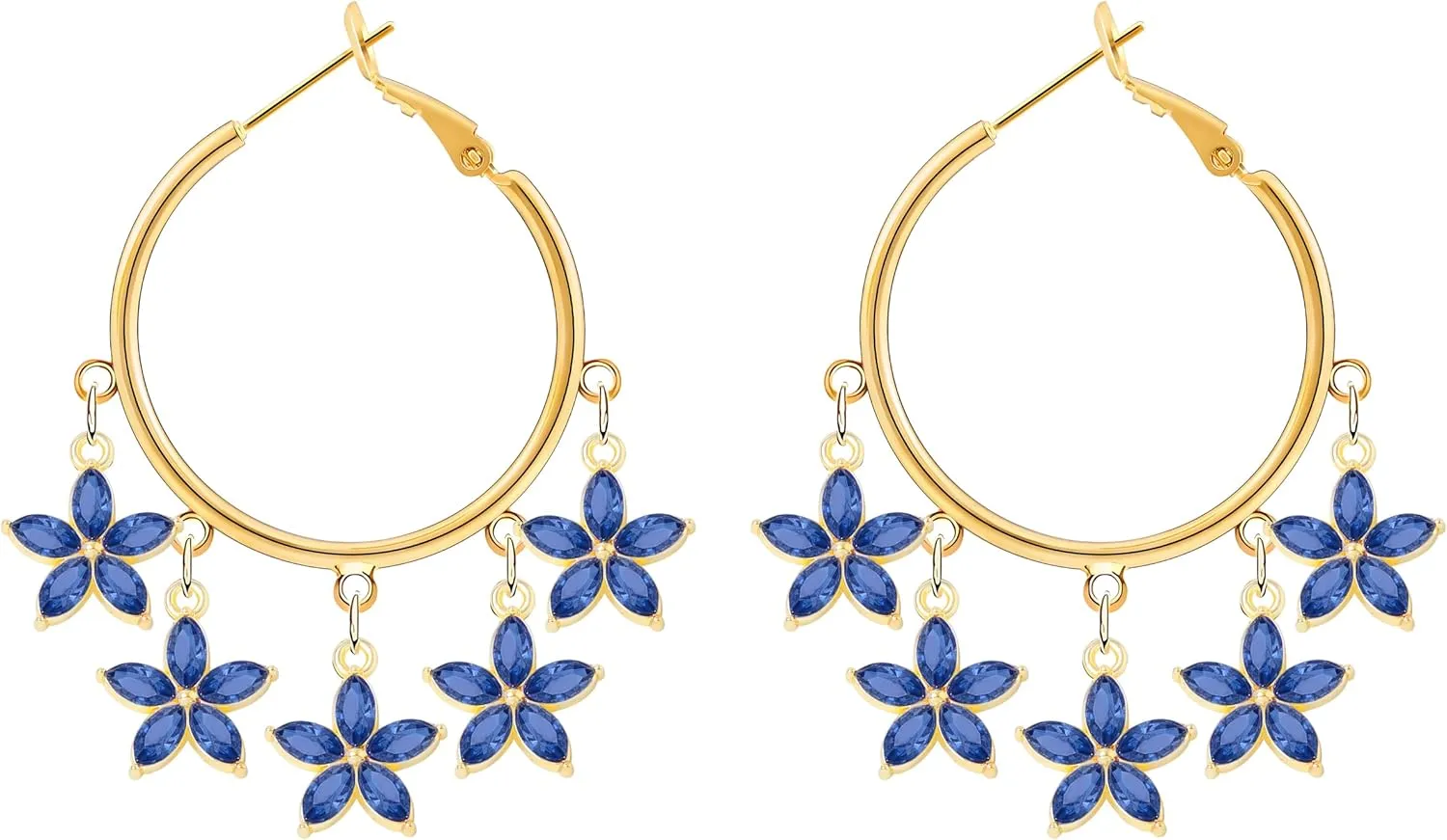 Crystal Flower Hoop Earrings for Women Sweet Fresh Handmade Boho 14K Gold Elegant Romantic Bohemian Five Rhinestone Floral Petal Dangle Drop Statement Earrings Bridal Wedding Birthday Jewelry Gifts