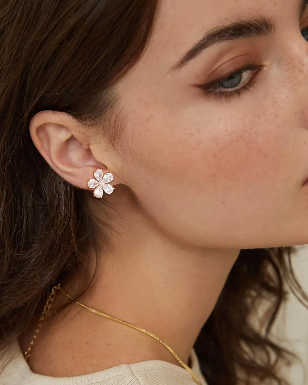 Crystal Flower Stud Earrings for Women Trendy, 18K Gold Plated Hypoallergenic Small Cute Unique Blossom Earrings Jewelry Dainty Gifts