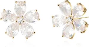 Crystal Flower Stud Earrings for Women Trendy, 18K Gold Plated Hypoallergenic Small Cute Unique Blossom Earrings Jewelry Dainty Gifts