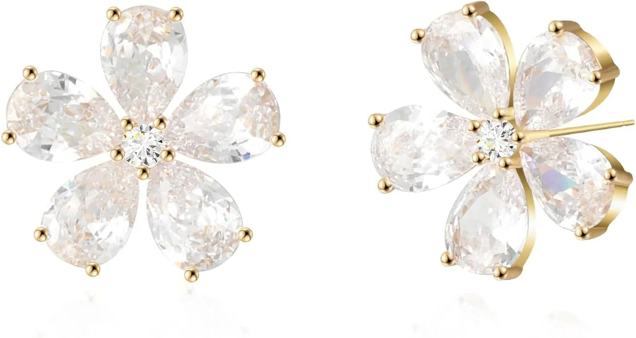 Crystal Flower Stud Earrings for Women Trendy, 18K Gold Plated Hypoallergenic Small Cute Unique Blossom Earrings Jewelry Dainty Gifts