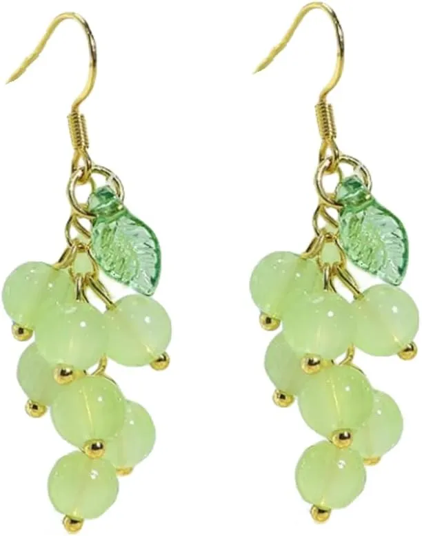 Crystal Fruits Cherry Cute Earrings for Women Sparkly Funny Red Grape Drop Dangle Earrings 18K Gold Plated Statement Charm Green Leaf Grape Tassel Kawaii Aesthetic jewelry Girls Gift