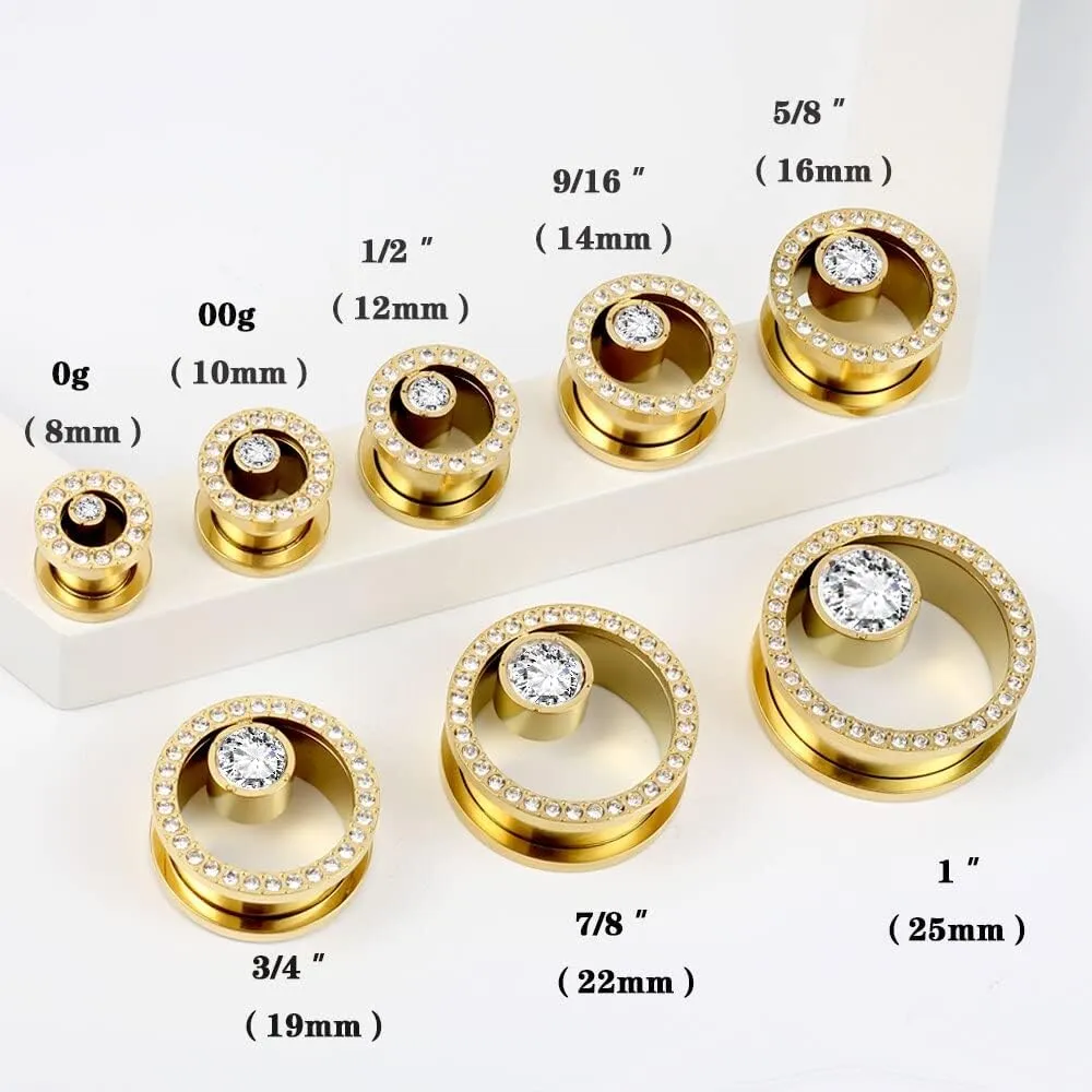 Crystals Silver Ear Plugs Gauges Stainless Steel Ear Tunnels Stretcher Piercing Body Jewelry Earrings Expander For Women (0g - 1") 8mm-25mm 2PCS