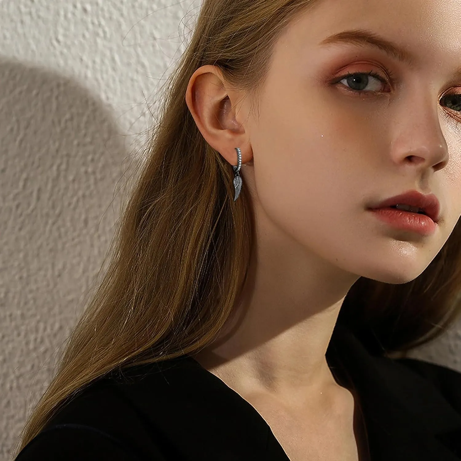 Cuoka Angel Wings,Feather Cross Earrings 925 Sterling Silver Unisex Hanging Dangle Drop Earrings,Small Hoop Earrings Jewelry for Women Men