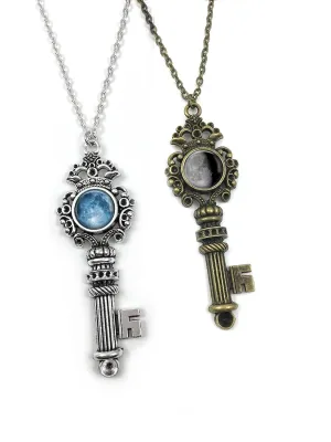 Custom Birth Moon Skeleton Key Charm Necklace - Personalized Birthday Lunar Phase Pendant in Antique Silver or Bronze - Celestial Moonlight Gifts