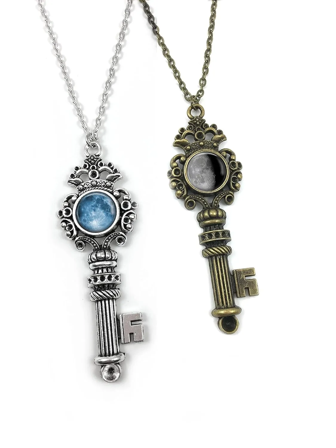 Custom Birth Moon Skeleton Key Charm Necklace - Personalized Birthday Lunar Phase Pendant in Antique Silver or Bronze - Celestial Moonlight Gifts
