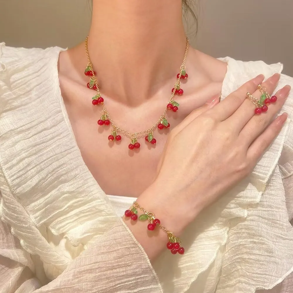 Cute Cherry Pendant Necklaces For Women Cute Cherry Charms Bracelet Strawberry Necklace Cherry Strawberry Drop Dangle Earrings Trendy Y2K Summer Beach Jewelry Gifts